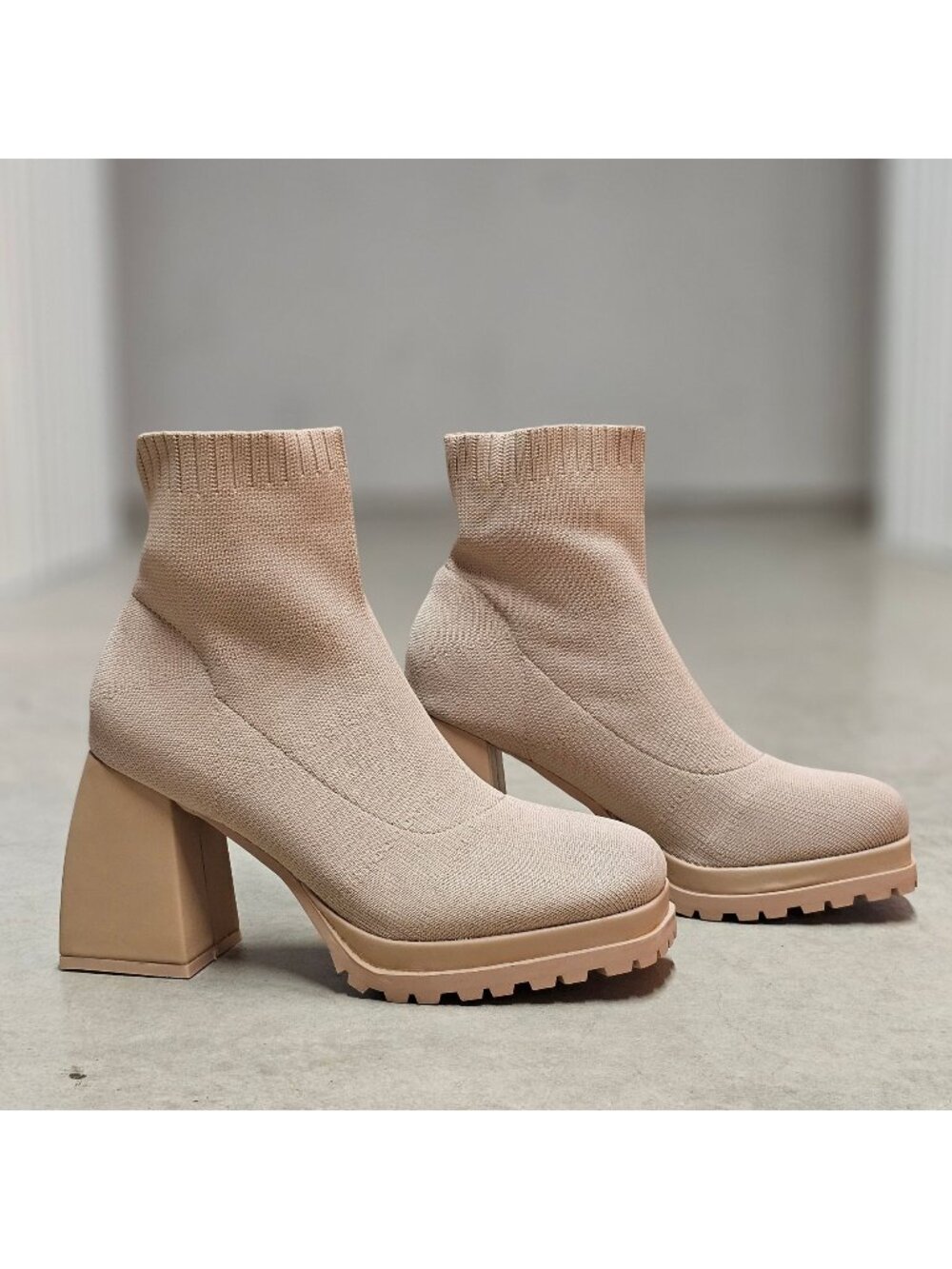 Chunky Heel Ankle Boots With Sock Knit Upper & Lug Sole In Nude